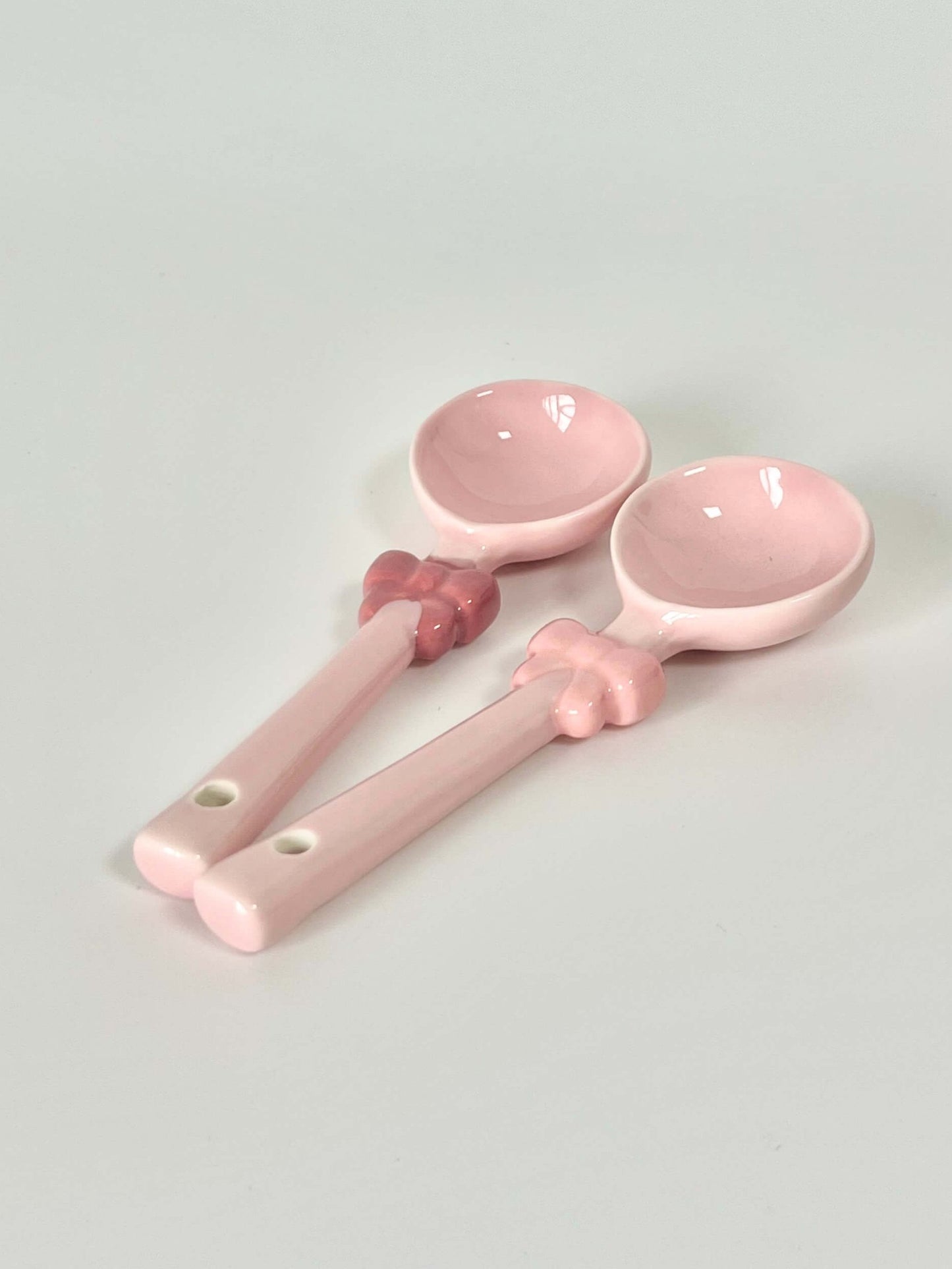 Rosie spoon. Pastel pink coloured ceramic spoon with the cutest bow / ribbon on the handle. Aesthetic spoon for all tableware sets! Coquette girl aesthetic, coquette core Pilates princess girly spoon for that girl.