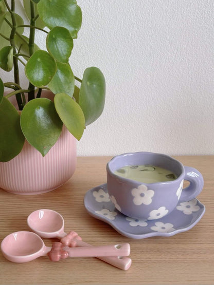 Momo Tea Cup. The cutest tea set with a cup and plate combination. Cute daisy flower design on pastel purple set. Aesthetic ceramic tea set. 