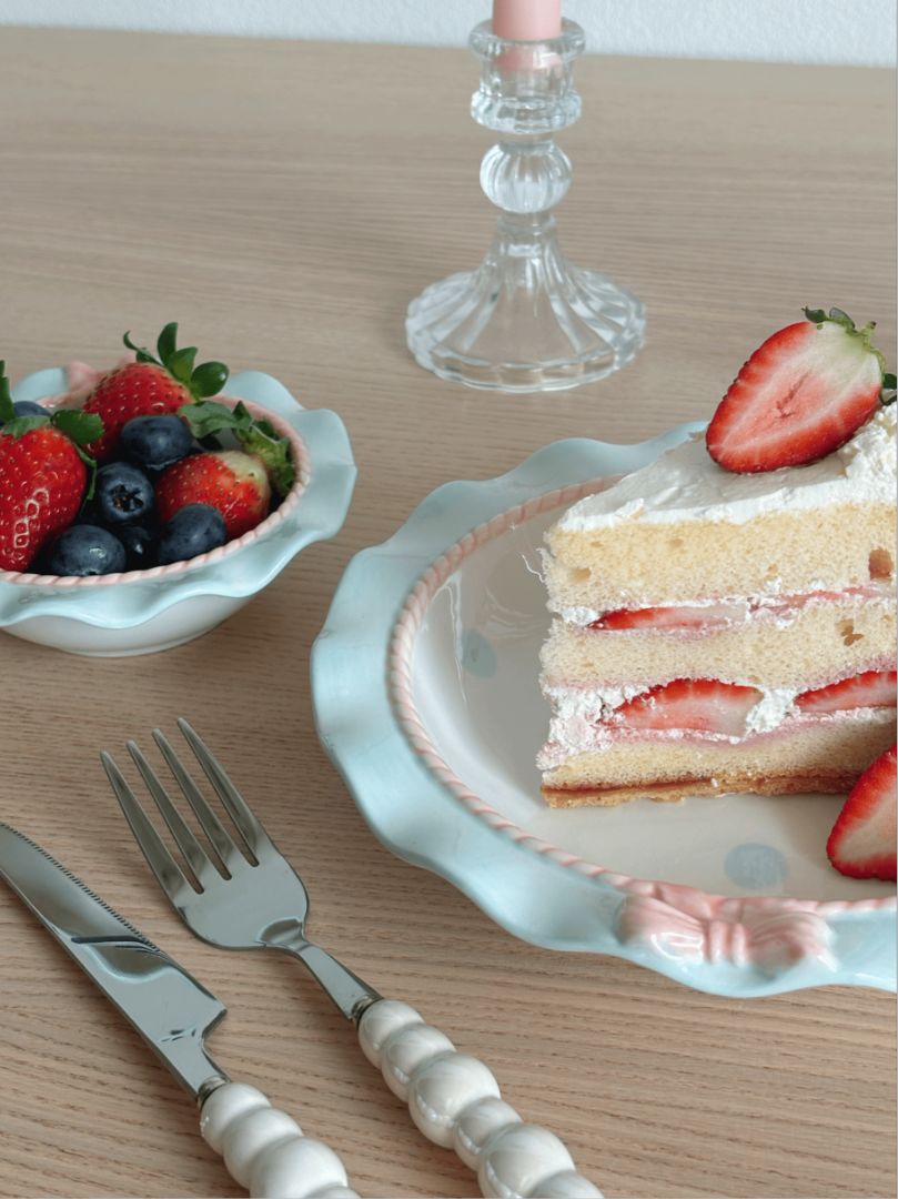 Coquette Core Cosette Set in Blue in use. Dessert served in aesthetic crockery.
