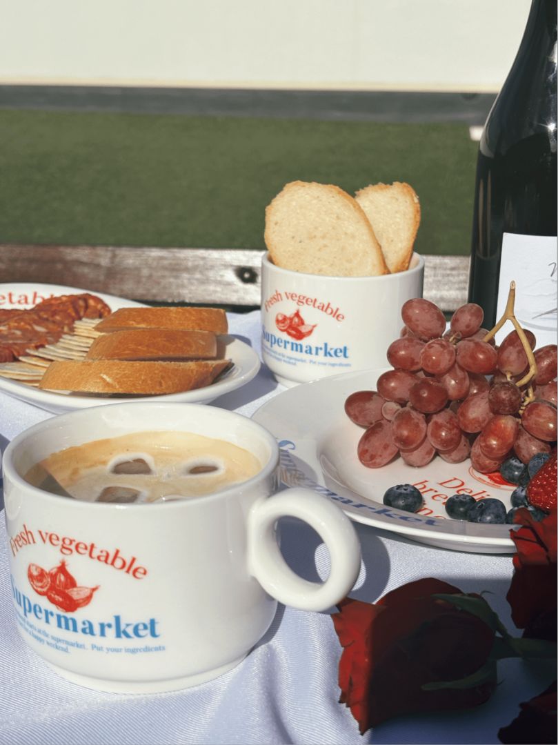 Stefania Set. 5 piece set with deep plate, flat plate, platter, bowl and mug. Cutest ceramic crockery set for picnics or Italian night at home. 