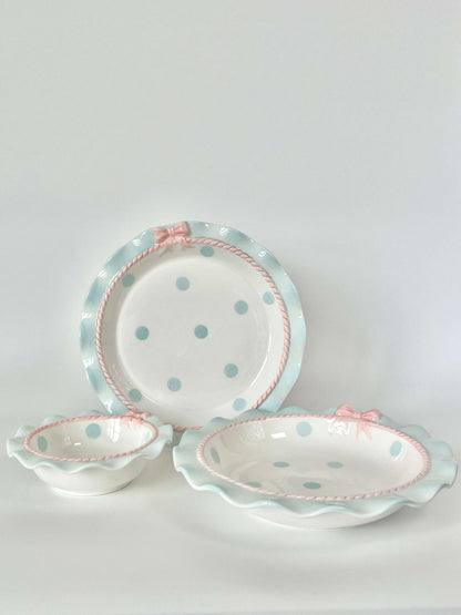Coquette Core Cosette Set in Pastel Blue. The cutest crockery set with frills and bow designs on them. Spotted girly ceramic tableware for mothers and daughters. Plate and bowl set for dinner, lunch, breakfast. Perfect gift set for homeware.