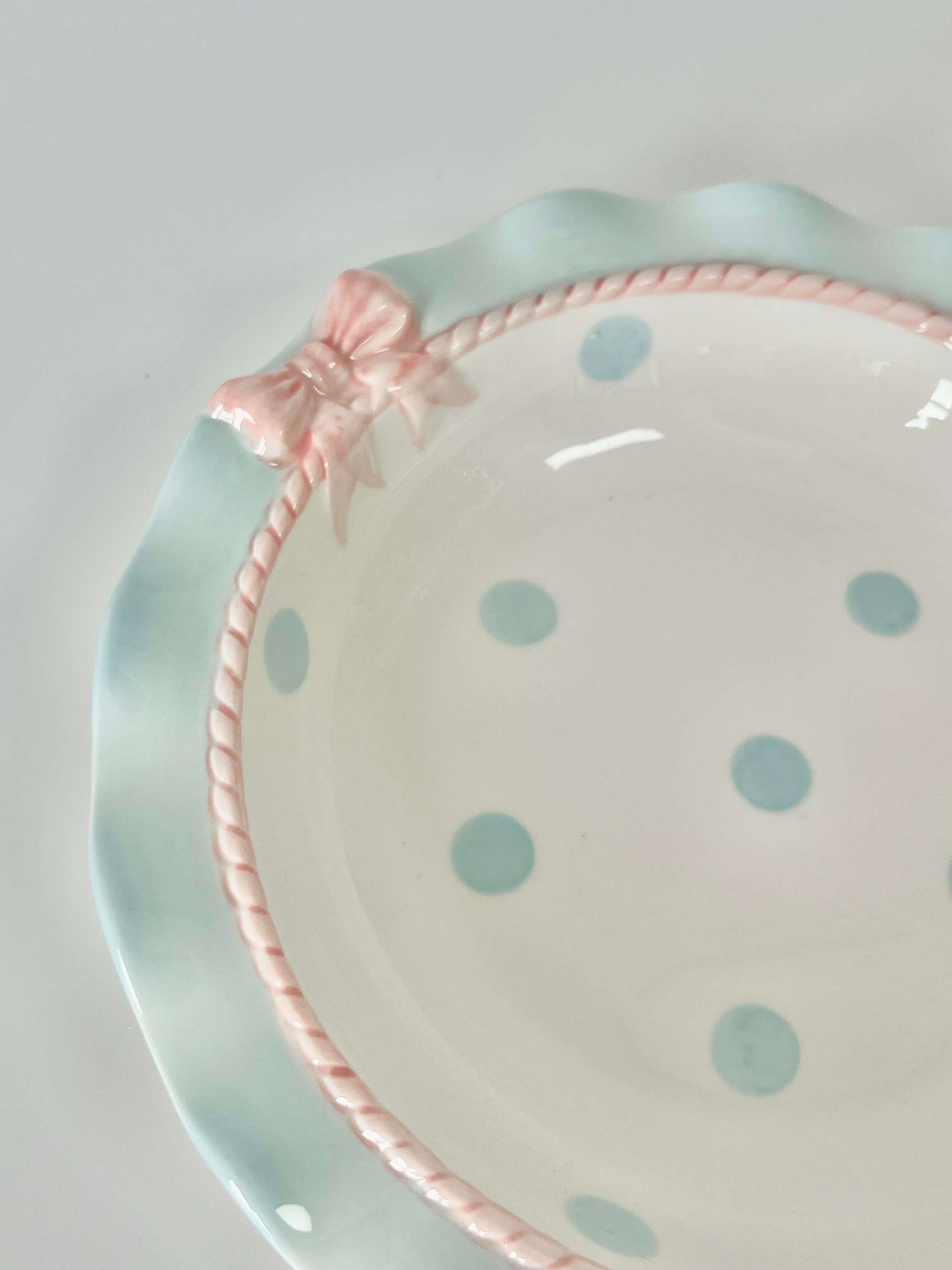 Coquette Core Cosette Set in Pastel Blue. The cutest crockery set with frills and bow designs on them. Spotted girly ceramic tableware for mothers and daughters. Plate and bowl set for dinner, lunch, breakfast. Perfect gift set for homeware.