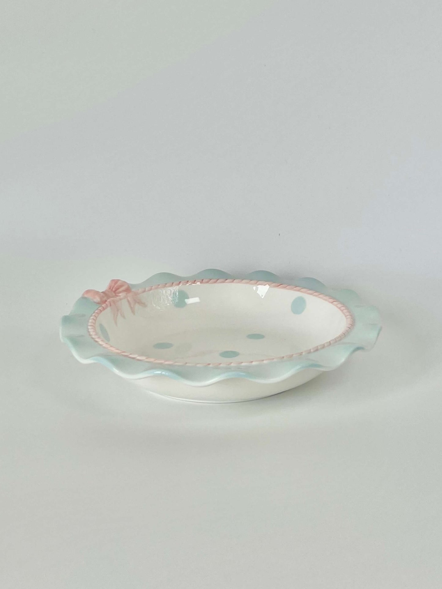 Coquette Core Cosette Set in Pastel Blue. The cutest crockery set with frills and bow designs on them. Spotted girly ceramic tableware for mothers and daughters. Plate and bowl set for dinner, lunch, breakfast. Perfect gift set for homeware.