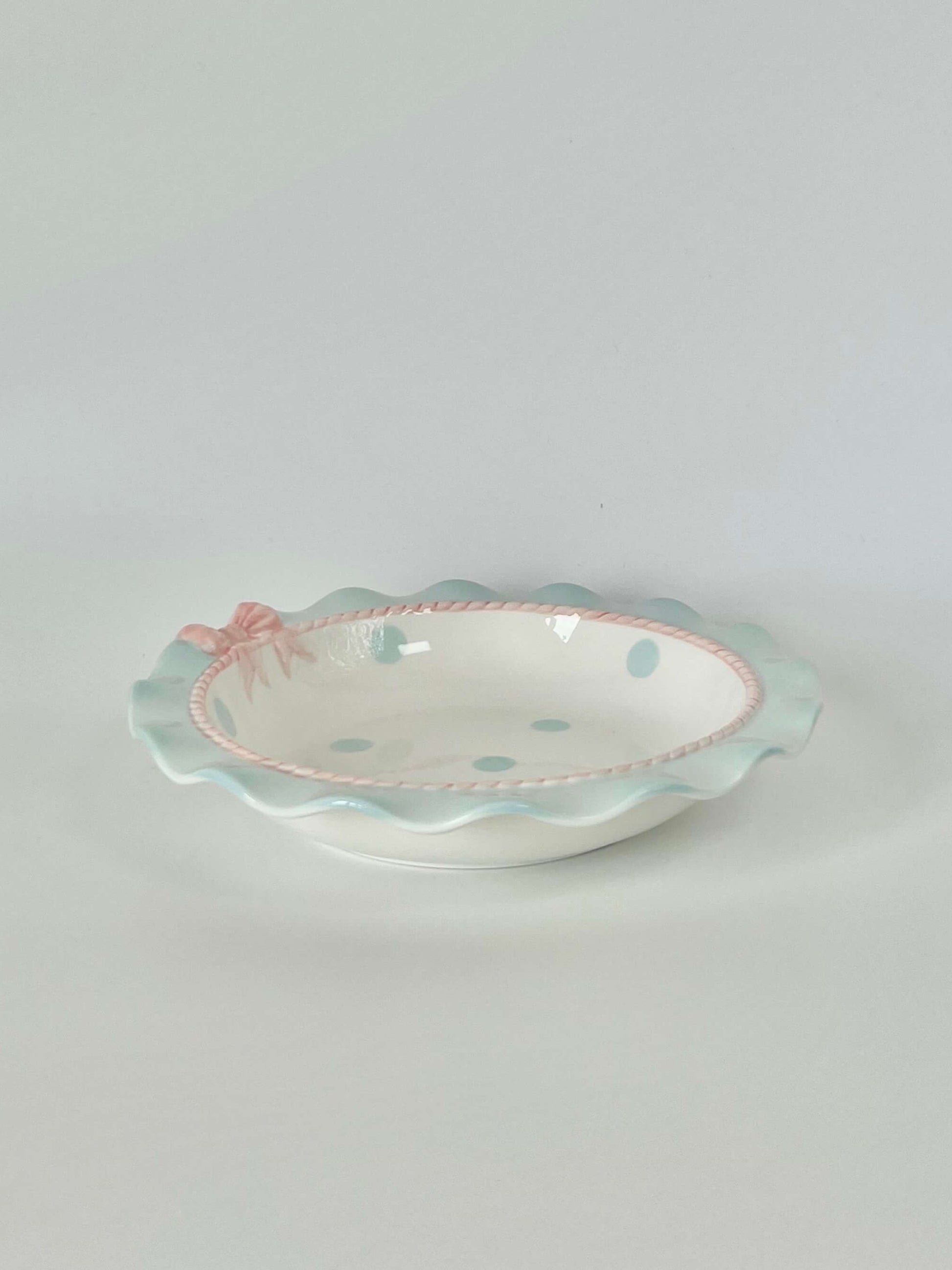 Coquette Core Cosette Set in Pastel Blue. The cutest crockery set with frills and bow designs on them. Spotted girly ceramic tableware for mothers and daughters. Plate and bowl set for dinner, lunch, breakfast. Perfect gift set for homeware.