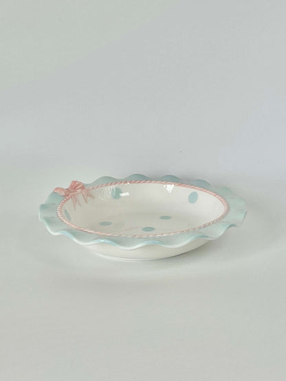 Coquette Core Cosette Set in Pastel Blue. The cutest crockery set with frills and bow designs on them. Spotted girly ceramic tableware for mothers and daughters. Plate and bowl set for dinner, lunch, breakfast. Perfect gift set for homeware.