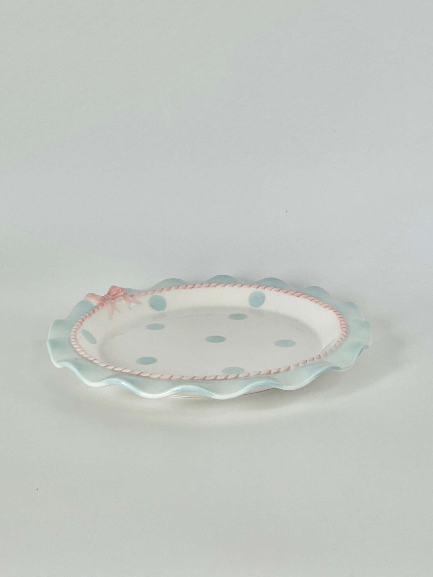 Coquette Core Cosette Set in Pastel Blue. The cutest crockery set with frills and bow designs on them. Spotted girly ceramic tableware for mothers and daughters. Plate and bowl set for dinner, lunch, breakfast. Perfect gift set for homeware.