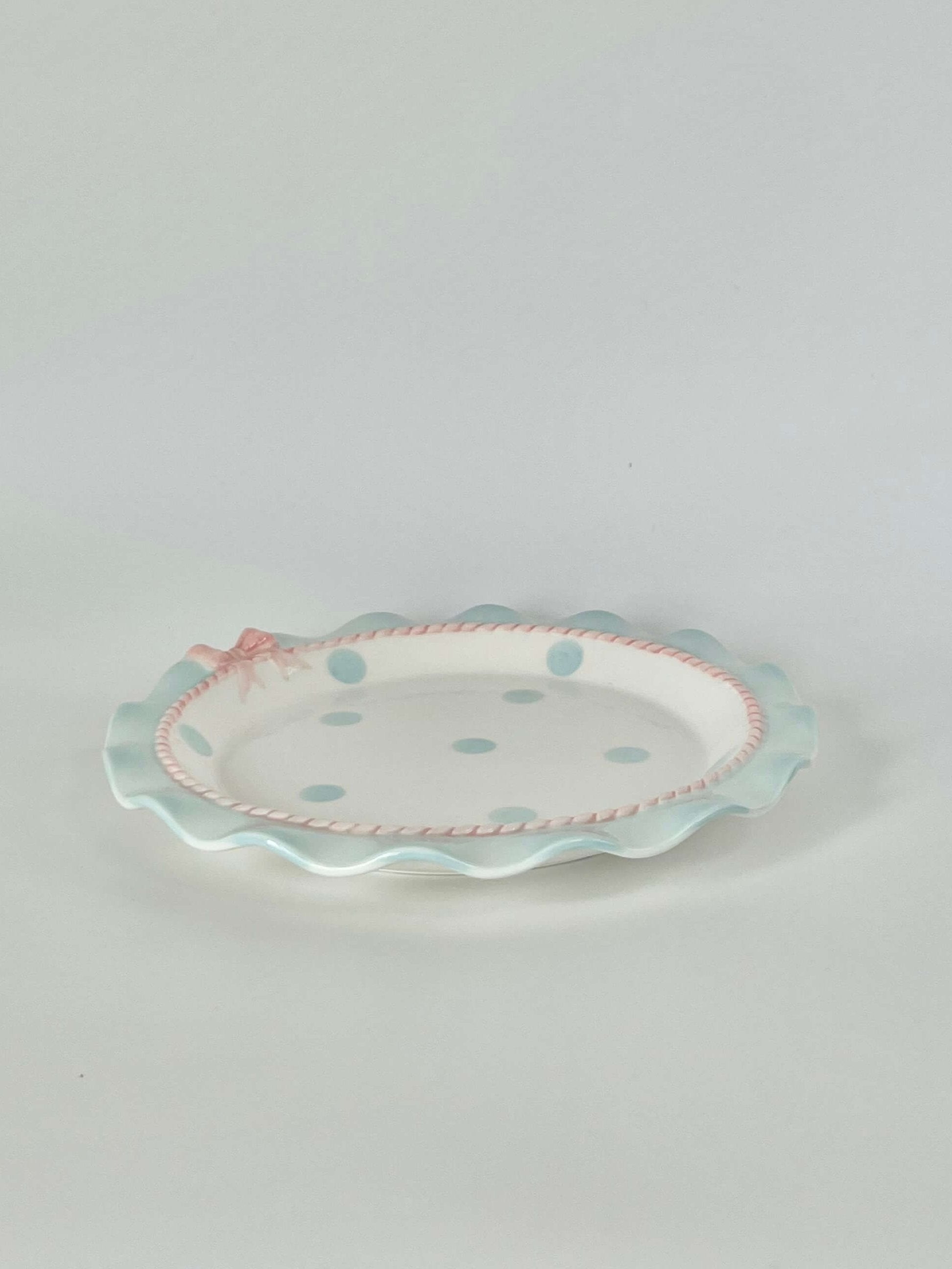 Coquette Core Cosette Set in Pastel Blue. The cutest crockery set with frills and bow designs on them. Spotted girly ceramic tableware for mothers and daughters. Plate and bowl set for dinner, lunch, breakfast. Perfect gift set for homeware.