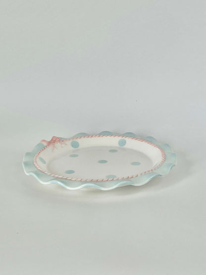 Coquette Core Cosette Set in Pastel Blue. The cutest crockery set with frills and bow designs on them. Spotted girly ceramic tableware for mothers and daughters. Plate and bowl set for dinner, lunch, breakfast. Perfect gift set for homeware.