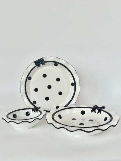 Coquette Core Cosette Set in White and Black. The cutest crockery set with frills and bow designs on them. Spotted girly ceramic tableware for mothers and daughters. Plate and bowl set for dinner, lunch, breakfast. Perfect gift set for homeware.