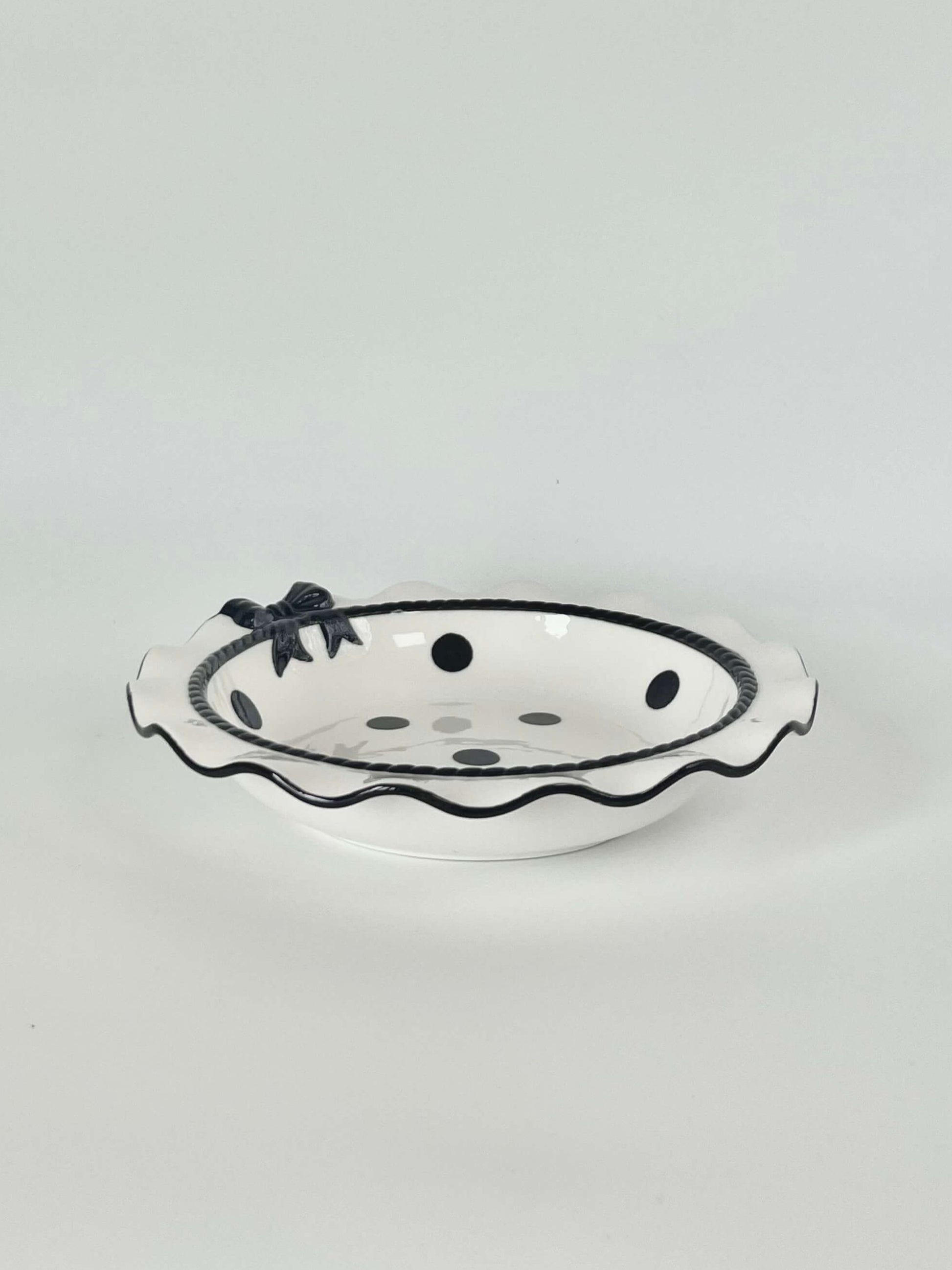 Coquette Core Cosette Set in White and Black. The cutest crockery set with frills and bow designs on them. Spotted girly ceramic tableware for mothers and daughters. Plate and bowl set for dinner, lunch, breakfast. Perfect gift set for homeware.