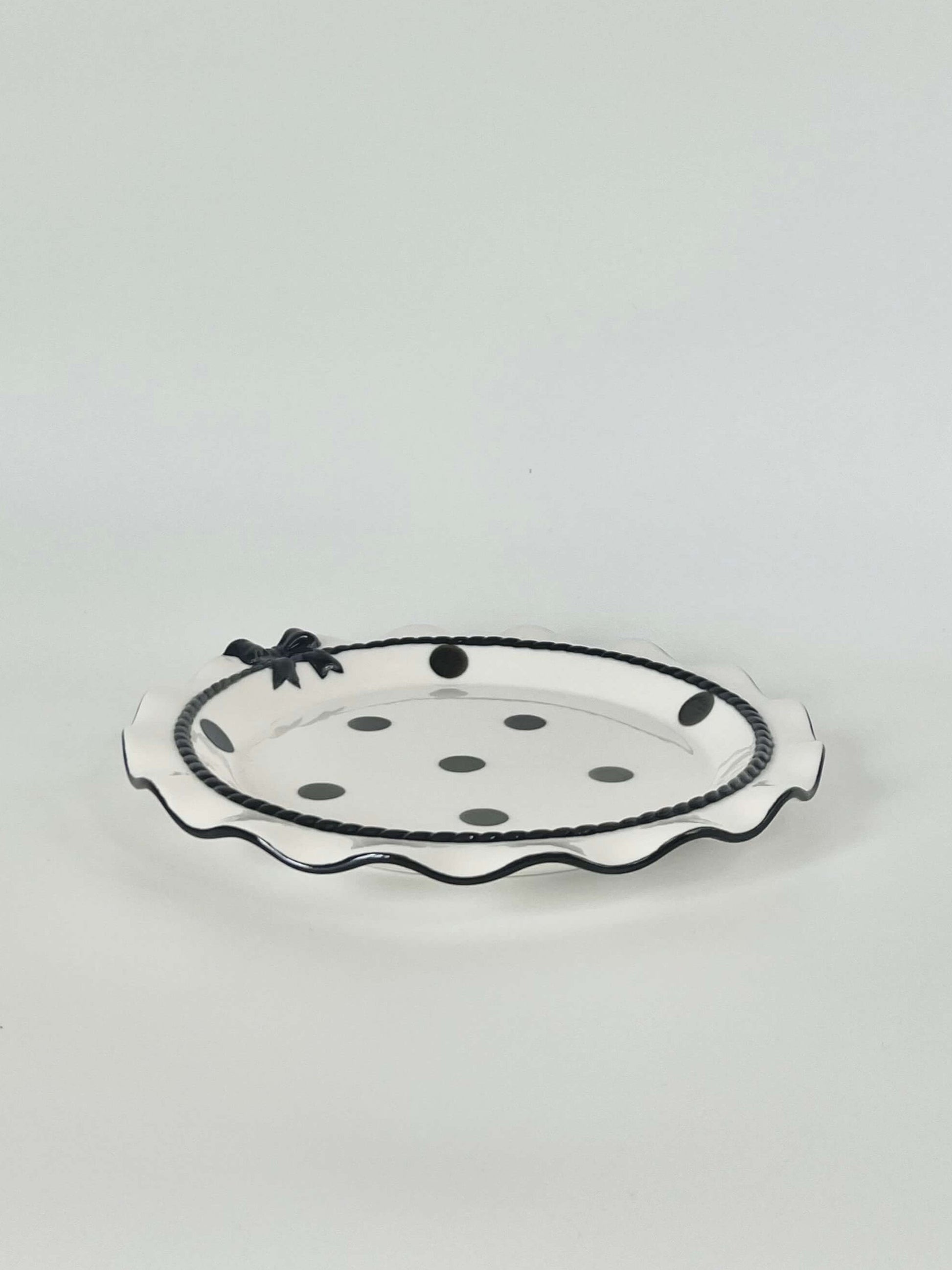 Coquette Core Cosette Set in White and Black. The cutest crockery set with frills and bow designs on them. Spotted girly ceramic tableware for mothers and daughters. Plate and bowl set for dinner, lunch, breakfast. Perfect gift set for homeware.