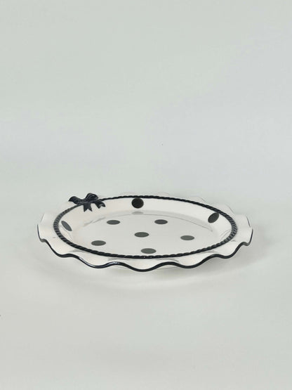 Coquette Core Cosette Set in White and Black. The cutest crockery set with frills and bow designs on them. Spotted girly ceramic tableware for mothers and daughters. Plate and bowl set for dinner, lunch, breakfast. Perfect gift set for homeware.