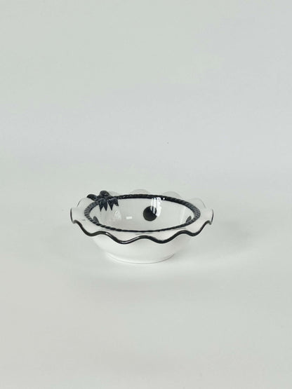 Coquette Core Cosette Set in White and Black. The cutest crockery set with frills and bow designs on them. Spotted girly ceramic tableware for mothers and daughters. Plate and bowl set for dinner, lunch, breakfast. Perfect gift set for homeware.